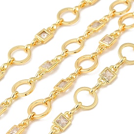 Rack Plating Brass Ring & Rectangle Link Chain, with Cubic Zirconia, Unwelded, Long-Lasting Plated, Lead Free & Cadmium Free