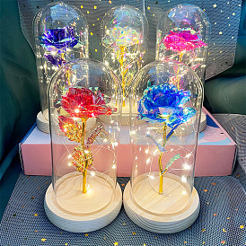 Artificial Flowers Bouquets Golden Foil Roses with LED Glass Light Holder, for DIY Wedding Bridal Valentine's Day Gift Party Decorations