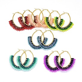 304 Stainless Steel Hoop Earrings, Beaded Hoop Earrings, with Glass Beads, Oval