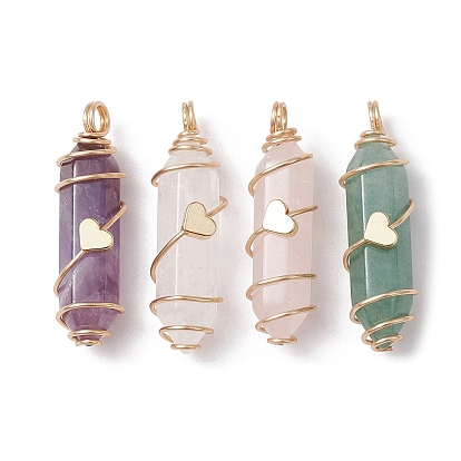 Natural Mixed Gemstone Copper Wire Wrapped Double Terminal Pointed Pendants, Faceted Bullet Charms, Golden