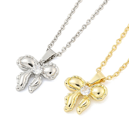 Brass Micro Pave Clear Cubic Zirconia Pendant Necklaces for Women, Bowknot