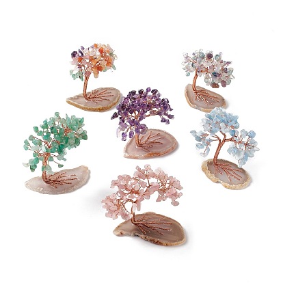 Natural Gemstone Tree Display Decoration, Agate Slice Base Feng Shui Ornament for Wealth, Luck, Rose Gold Brass Wires Wrapped