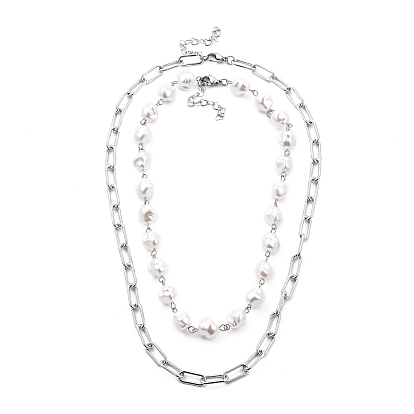 White Plastic Imitation Pearl Beaded Necklaces & Iron Paperclip Chain Necklaces Sets, with 304 Stainless Steel Lobster Claw Clasps