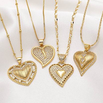Valentine's Day Brass Micro Pave Clear Cubic Zirconia Pendant Necklaces for Women, Heart