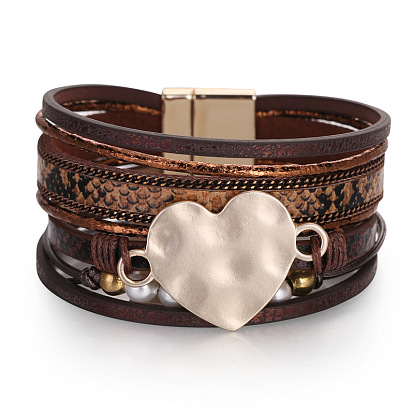 Bohemian Multi-layer Snake Pattern Pearl Chain Leather Bracelet - Love and Beauty