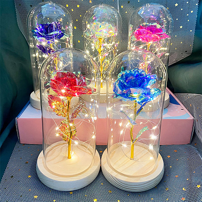 Artificial Flowers Bouquets Golden Foil Roses with LED Glass Light Holder, for DIY Wedding Bridal Valentine's Day Gift Party Decorations