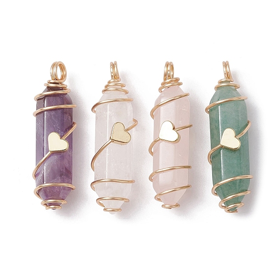 Natural Mixed Gemstone Copper Wire Wrapped Double Terminal Pointed Pendants, Faceted Bullet Charms, Golden
