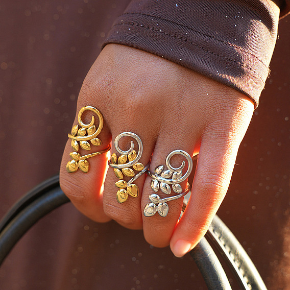 304 Stainless Steel Cuff Open Rings, Leaf