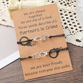 Stylish Crime Letter Card Rope Bracelet with Alloy Handcuff Chain for Best Friends