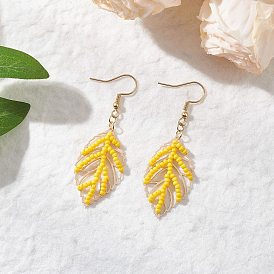 Серьги-подвески из стеклянных бусин ручной работы, с латунным, лист, золотые