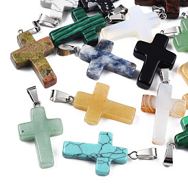 Mixed Stone Pendants, Religion Cross Charm, Dyed, with Platinum Tone 304 Stainless Steel Findings