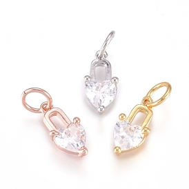 Brass Charms, with Micro Pave Cubic Zirconia and Jump Rings, Heart Lock