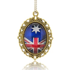 Alloy Glass Pendants, Oval with Union Jack Pattern, 39x29x6mm, Hole: 2mm