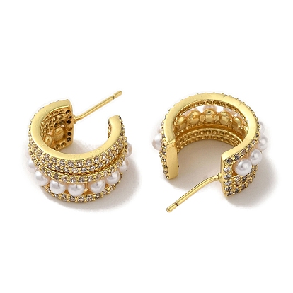 Rack Plating Brass Micro Pave Cubic Zirconia Studs Earrings, with Plastic Beads, Long-Lasting Plated, Lead Free & Cadmium Free
