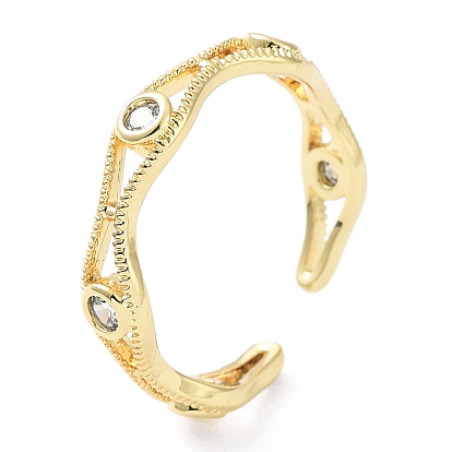Rack Plating Brass Micro Pave Clear Cubic Zirconia Cuff Rings, Open Ring for Women, Long-Lasting Plated