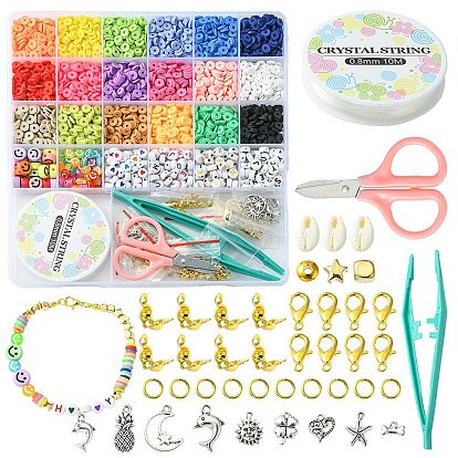 DIY Heishi Surfer Bracelet Necklace Making Kit, Including Polymer Clay Disc & Acrylic Letter & Plastic Star & Natural Shell Beads, Dolphin & Heart & Pineapple Alloy Charms, Scissors, Tweezers