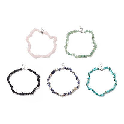 Gemstone Chip Beaded Necklaces with 304 Stainless Steel Lobster Claw Clasp & Chain Extender, Choker Necklace for Women