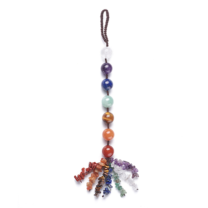 Chakra Hanging Ornament, Reiki Tumbled Gemstone Window Ornament, with Nylon Cord, Round