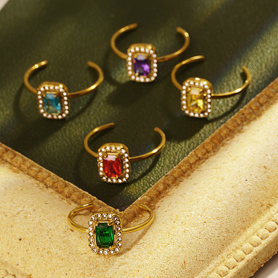 Стильные 304 кольца-манжеты из нержавеющей стали с кубическим цирконием для женщин, прямоугольные, реальный 18 k позолоченный