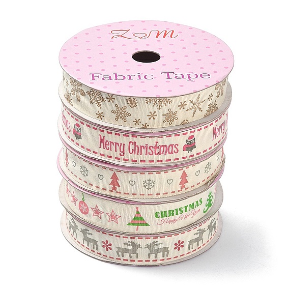5 Rolls 5 Patterns Single Face Printed Cotton Satin Ribbons, Christmas Party Decoration