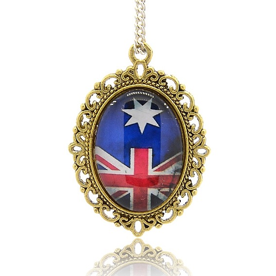 Alloy Glass Pendants, Oval with Union Jack Pattern, 39x29x6mm, Hole: 2mm