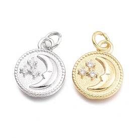 Brass Micro Pave Cubic Zirconia Pendants, with Jump Ring, Flat Round with Moon, Clear