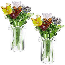 2 Bags 22Pcs Handmade Lampwork Flower & Vase Display Decorations, for Home Office Desktop Decoration