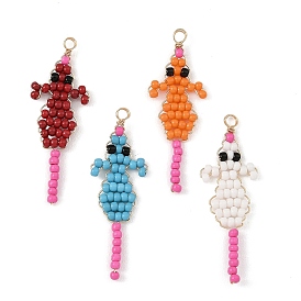 4Pcs Glass Seed Beaded Pendants, Mouse Charms, with Light Gold Copper Wire
