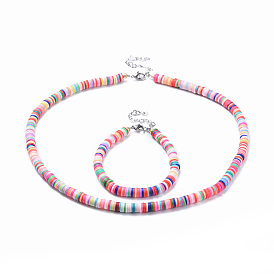 Jewelry Sets, Bracelets and Necklaces, with Polymer Clay Heishi Beads, Electroplate Glass Seed Beads, Brass Crimp Beads and 304 Stainless Steel Findings