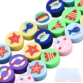 SUNNYCLUE 5 Strands Handmade Polymer Clay Beads, Flat Round with Ocean Themed Pattern