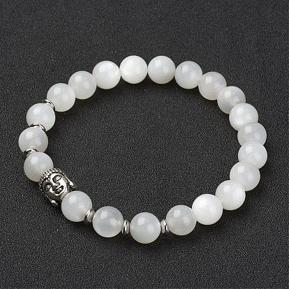Natural Gemstone Stretch Bracelets, with Brass Beads & Alloy Buddha Head Beads, Round