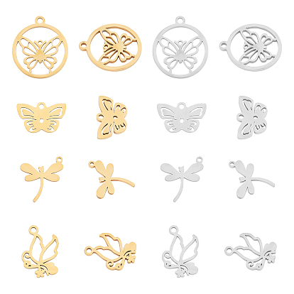 16Pcs 8 Style 201 Stainless Steel Pendants, Laser Cut, Mixed Shapes