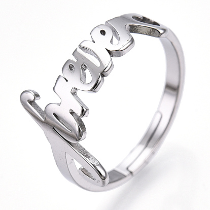304 Stainless Steel Heart with Word Forever Adjustable Ring, Wide Band Ring for Valentine's Day
