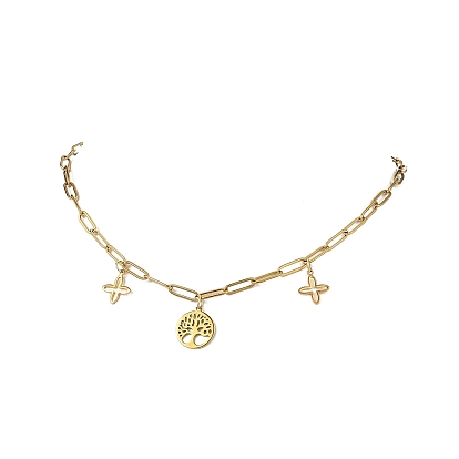 304 Женские ожерелья из нержавеющей стали с подвеской в виде дерева жизни и креста в виде скрепки