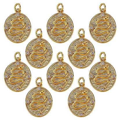 10Pcs Brass Micro Pave Clear Cubic Zirconia Pendants, with Jump Rings, Oval with Snake