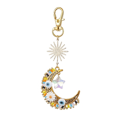 Décorations pendantes en alliage de lune et perles de verre, fleur coquille d'eau douce naturelle et mauvais œil pour les ornements de sac