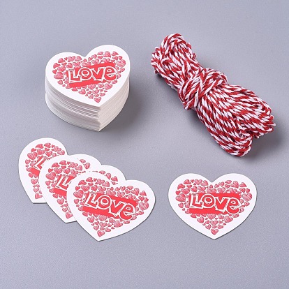 Paper Gift Tags, Hange Tags, For Arts and Crafts, with Cotton Cords, for Valentine's Day, Heart with Word