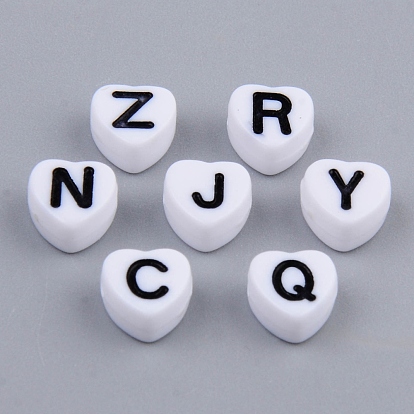 White Opaque Acrylic Enamel Beads, Heart with Mixed Black Letters
