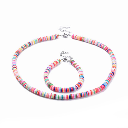 Jewelry Sets, Bracelets and Necklaces, with Polymer Clay Heishi Beads, Electroplate Glass Seed Beads, Brass Crimp Beads and 304 Stainless Steel Findings