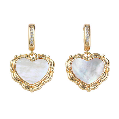 Brass Micro Pave Cubic Zirconia Pendants, with Natural Shell, Real 18K Gold Plated, Nickel Free, Heart