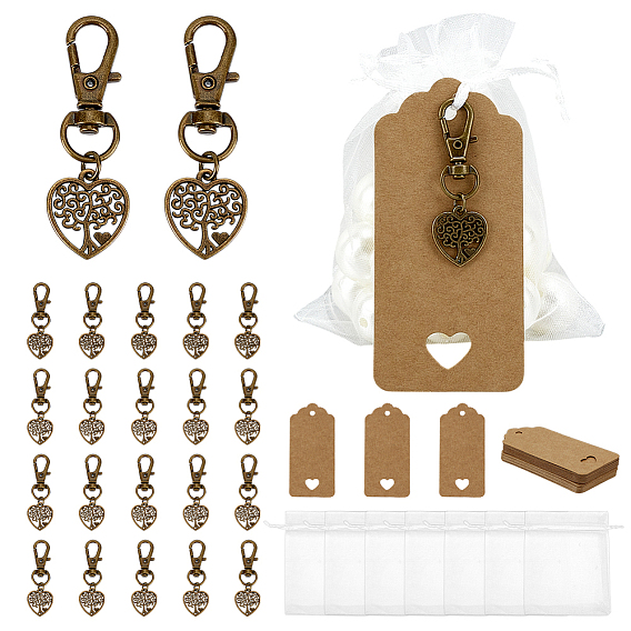 24шт. подвеска в виде сердца из сплава в тибетском стиле с деревом жизни, с карабинами из сплава и 24шт. подарочных пакетов из органзы и 24шт. прямоугольных бумажных карточек для демонстрации