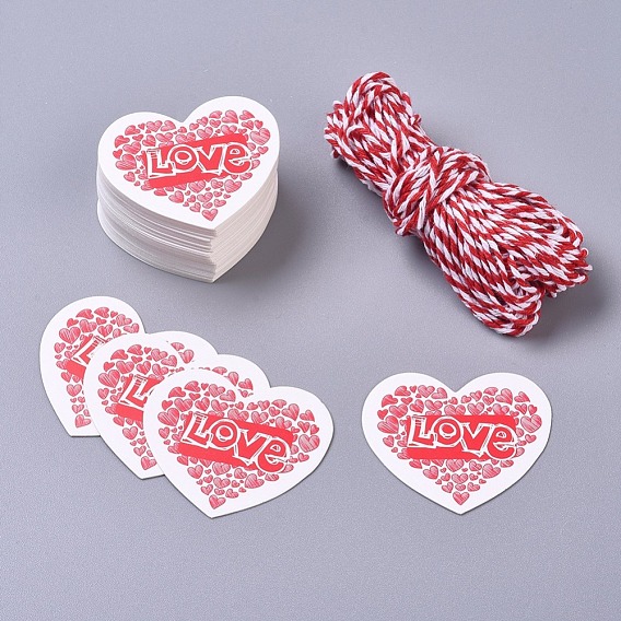 Paper Gift Tags, Hange Tags, For Arts and Crafts, with Cotton Cords, for Valentine's Day, Heart with Word