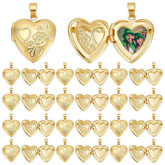 20шт. подвески-медальоны из латуни с гальваническим покрытием, Сердце со цветками 