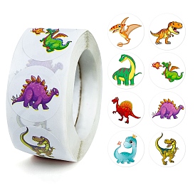 500Pcs 8 Patterns Paper Self Adhesive Cartoon Stickers Rolls, Round Dot Dinosaur Decals for Kid's Art Craft, Kids Reward Stickers