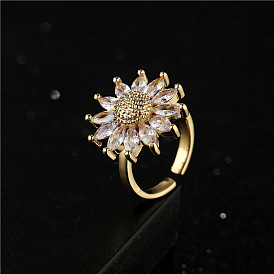 Sunflower Open Ring for Women, Fashionable 18K Gold Plated Copper Jewelry