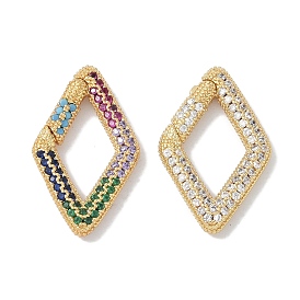 Rack Plating Brass Micro Pave Cubic Zirconia Spring Gate Rings Clasps, Cadmium Free & Lead Free, Long-Lasting Plated, Rhombus