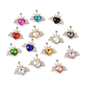 Alloy Rhinestone Pendants, Light Gold Tone Heart with Wing Charms