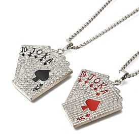 Alloy Full Crystal Rhinestone Playing Cards Pendant Necklaces, 201 Stainless Steel Box Chain Necklaces, Stainless Steel Color