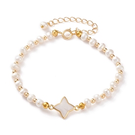 Natural White Shell Star Link Bracelets, with Natural Pearl Beads, Brass Beads and Spring Ring Clasps, Seashell Color