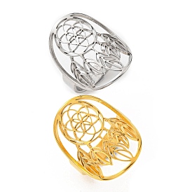 Adjustable 304 Stainless Steel Woven Web/Net with Feather Ring, Hollow Wide Finger Ring